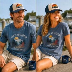 Life is Good Sunrise Water Stripe Trucker Hat Blue Snapback Patch Outdoor NWT